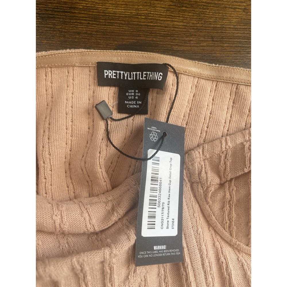 PrettyLittleThing Stone Rib Corset Cup Raw Hem Crop Top NWT Size 4 - Picture 3 of 4
